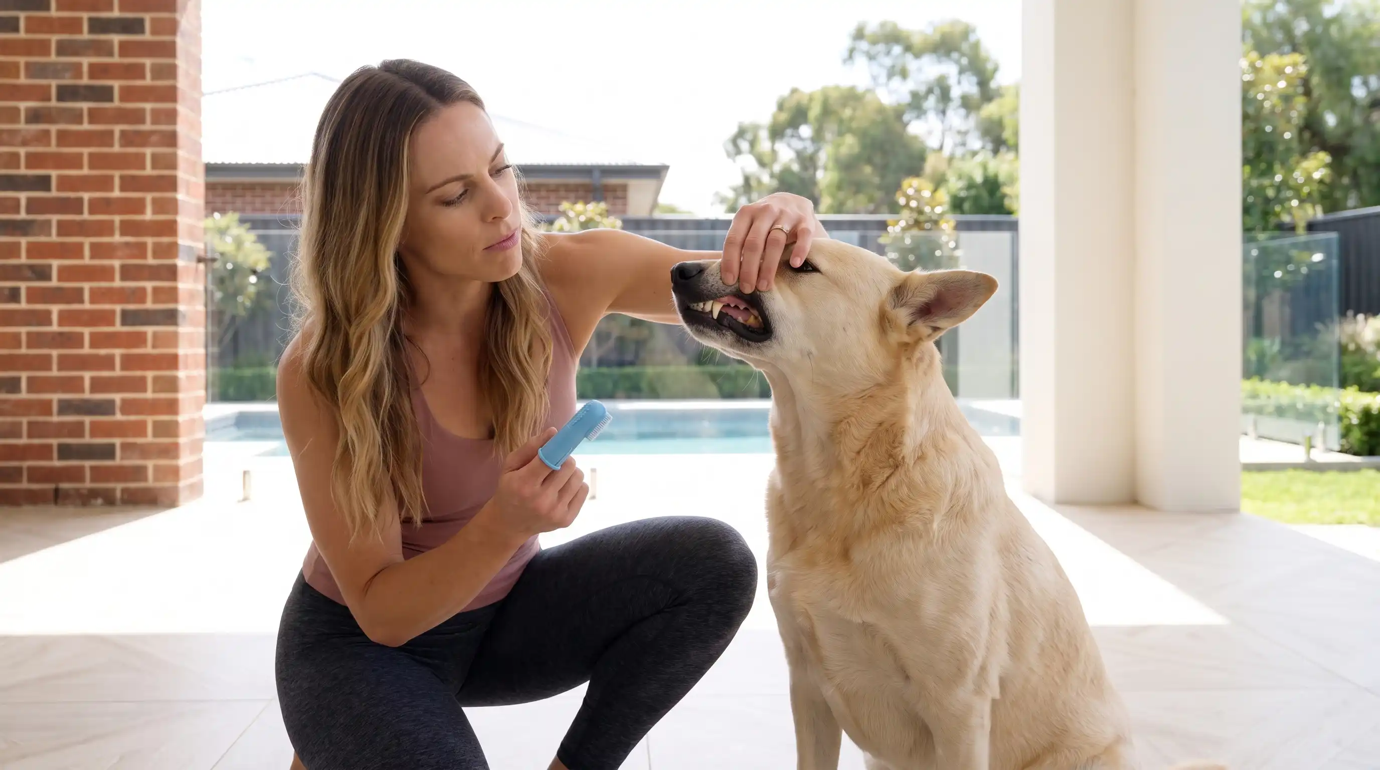 Alanah examining Ash's teeth gently with a finger brush - dog dental care routine